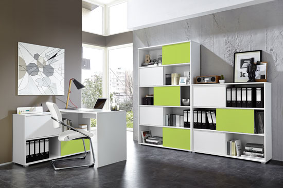 Slide Shelving Unit In White And Green With 3 Sliding Door