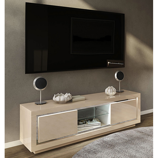 View Spalding modern tv stand in cream high gloss with led