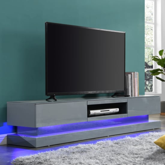 Product photograph of Score High Gloss Tv Stand In Mid Grey And Multi Led Lighting from Furniture in Fashion