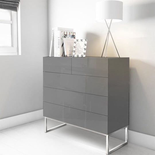 Strada High Gloss Chest Of 5 Drawers in Grey