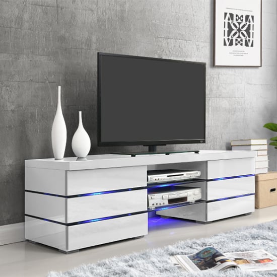 Photo of Svenja high gloss tv stand in white with blue led lighting