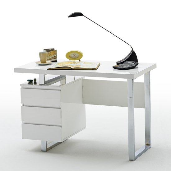 Sydney High Gloss Computer Desk In White With 3 Drawers Furniture in