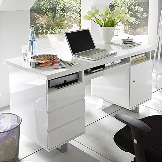 Sydney High Gloss Computer Desk In White With 3 Drawers_2