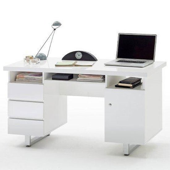 Sydney High Gloss Computer Desk In White With 3 Drawers_1