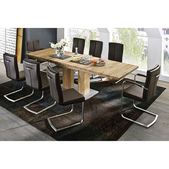 Beatrice Oak Dining Table with Walnut Strip 8 Leather Chairs Sale
