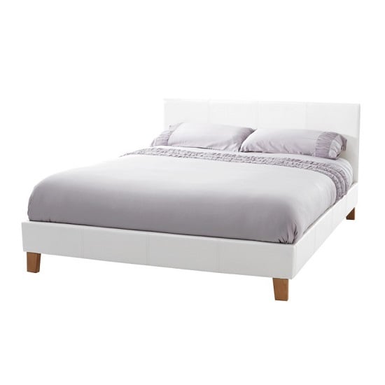 Tivolin Bed In White Faux Leather With Wooden Legs