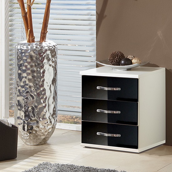 Photo of Luton bedside cabinet in high gloss black and alpine white