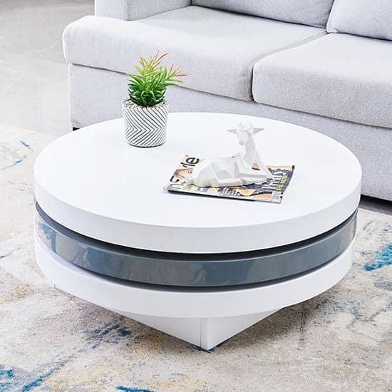 Read more about Triplo round high gloss rotating coffee table in white and grey