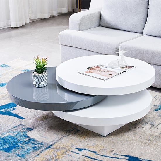 Triplo Rotating Coffee Table Round In, Oak Colour Round Coffee Table White Gloss
