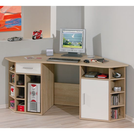 Vasto Wooden Corner Home Office Desk In Oak And White Furniture