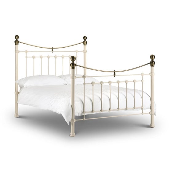 Vangie Metal Double Bed In Stone White With Real Brass Effect