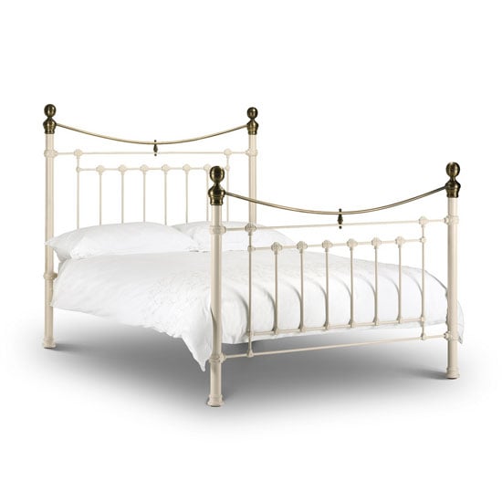 Photo of Vangie metal double bed in stone white with real brass effect