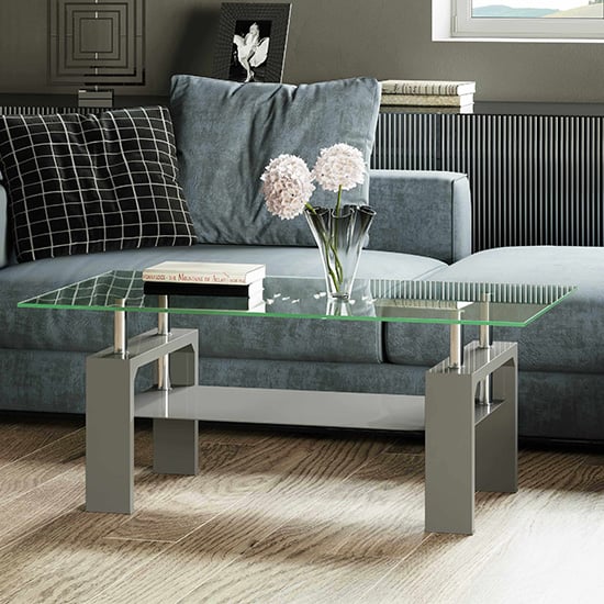 Product photograph of Willis Glass Coffee Table In Clear With Grey High Gloss Legs from Furniture in Fashion