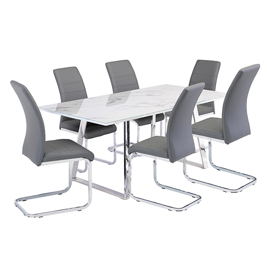 Wivola Marble Effect Dining Table With 6 Sako Grey Chairs_2
