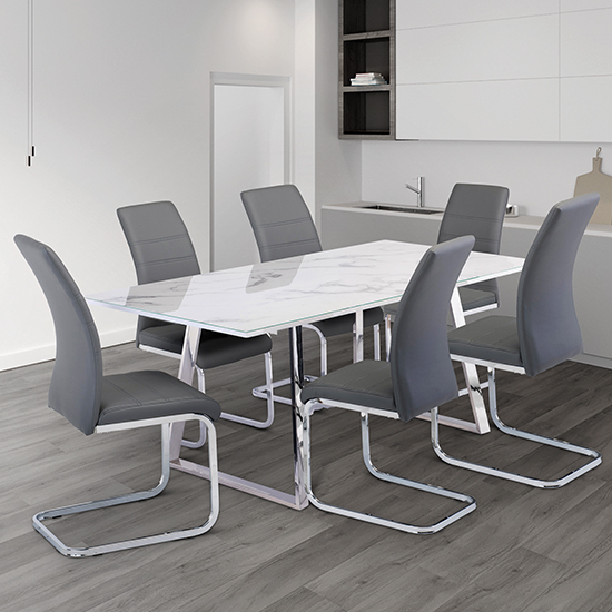 Wivola Marble Effect Dining Table With 6 Sako Grey Chairs_1