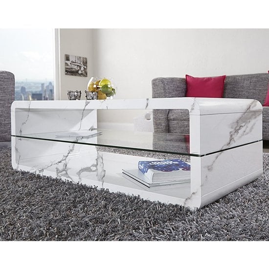 Xono High Gloss Coffee Table With Shelf In Diva Marble Effect