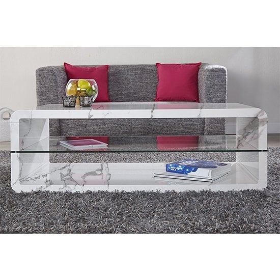 Xono High Gloss Coffee Table With Shelf In Diva Marble Effect