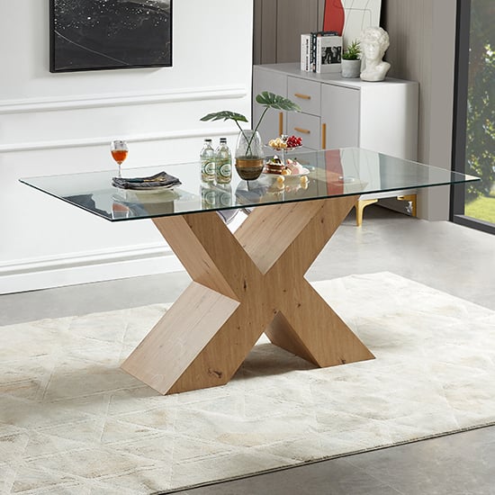 Product photograph of Zanti Clear Glass Dining Table With Oak Wooden Base from Furniture in Fashion