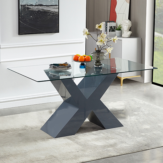 Product photograph of Zanti Clear Glass Dining Table With Grey High Gloss Legs from Furniture in Fashion