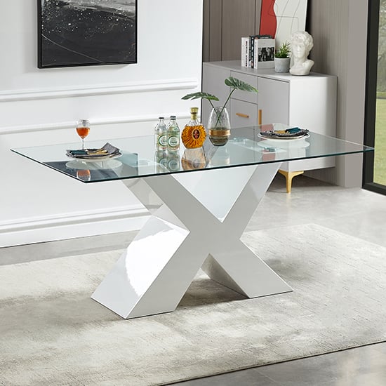 Product photograph of Zanti Clear Glass Dining Table With White High Gloss Legs from Furniture in Fashion