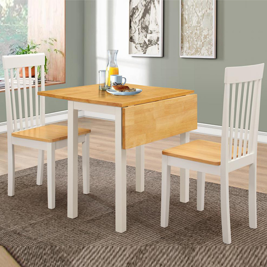 Aalto Drop Leaf Wooden Dining Set With 2 Chairs In White Oak
