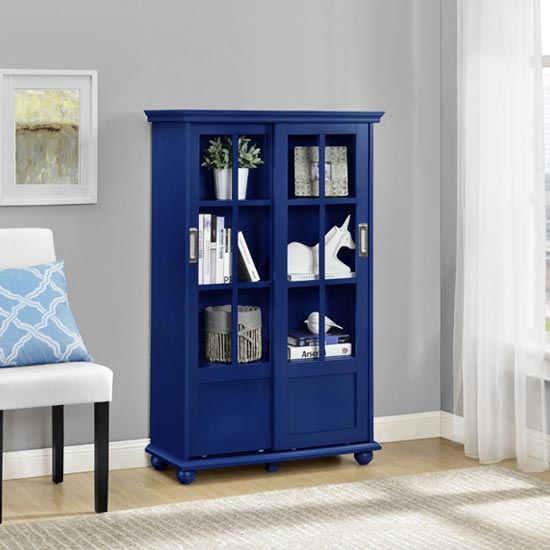 Aaron Lane Bookcase In Blue With Sliding Glass Doors Furniture