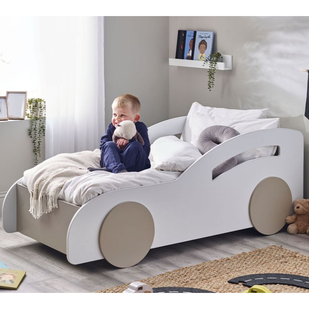 Read more about Abana wooden children car bed in white and taupe