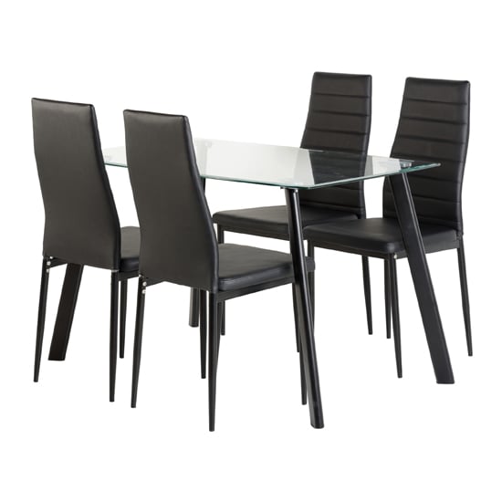 Read more about Aadi clear glass dining table with 4 black leather chairs