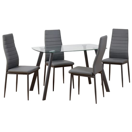 Aadi Clear Glass Dining Table With 4 Grey Leather Chairs_2