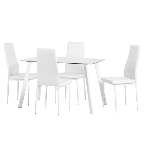 Aadi Clear Glass Dining Table With 4 White Leather Chairs_2
