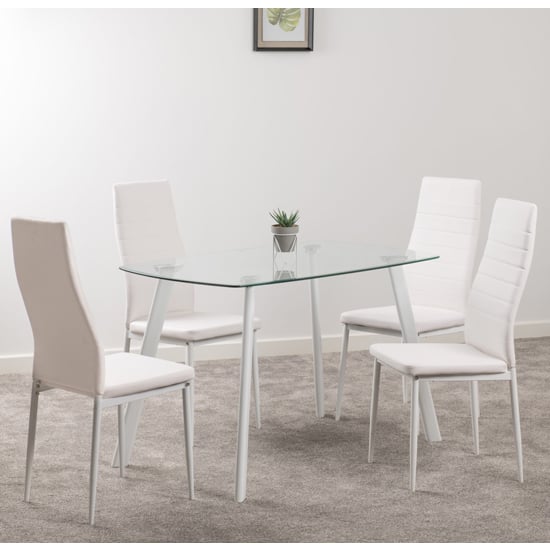 Aadi Clear Glass Dining Table With 4 White Leather Chairs