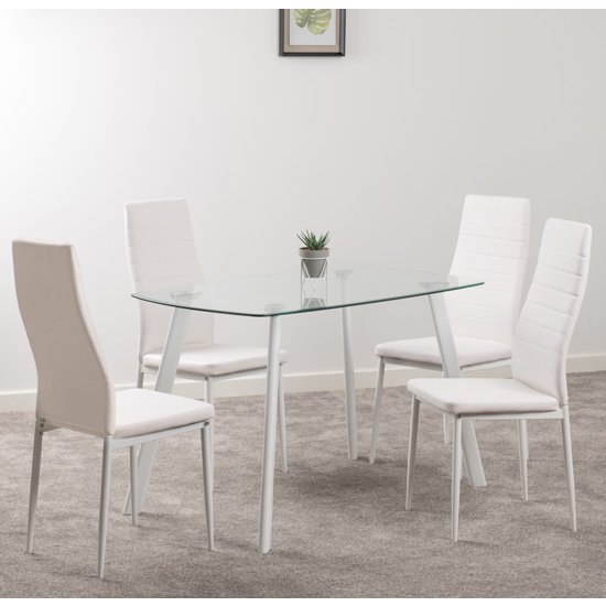 Aadi Clear Glass Dining Table With 4 White Leather Chairs Furniture