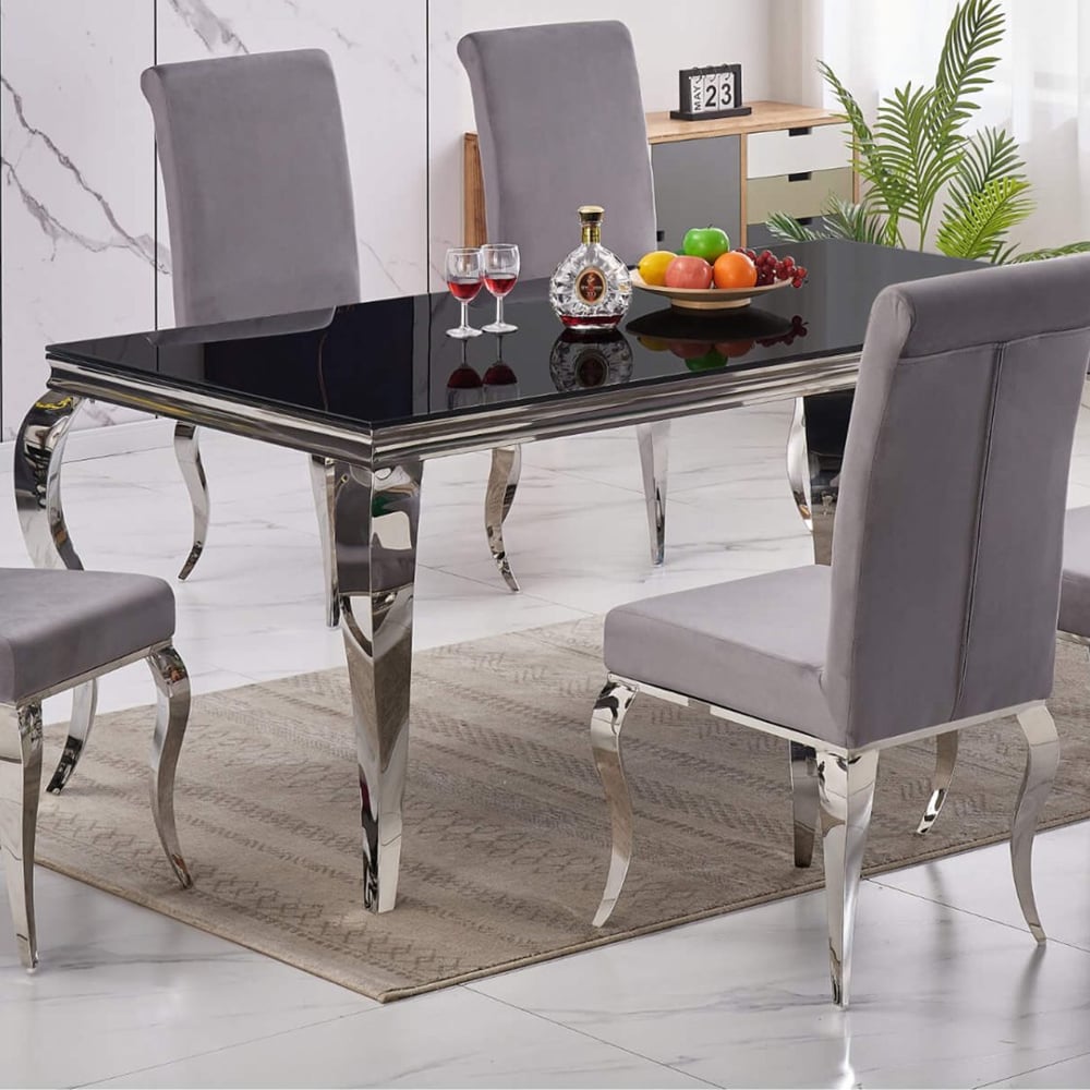 Abdon Black Glass Dining Table With Silver Legs