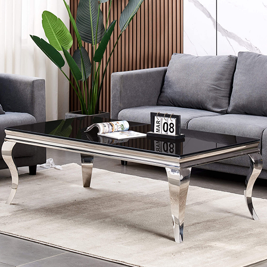 Abdon Glass Coffee Table In Black With Silver Legs