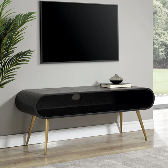 Product photograph of Abeni Wooden Tv Stand In Black With Brass Legs from Furniture in Fashion