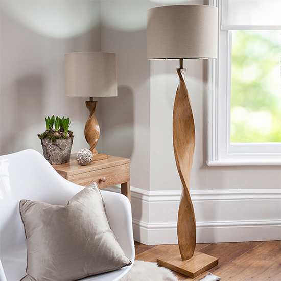 Abia Natural Linen Shade Floor Lamp In Oak Effect