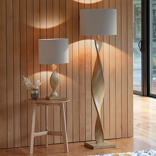 Abia Natural Linen Shade Floor Lamp In Oak Effect