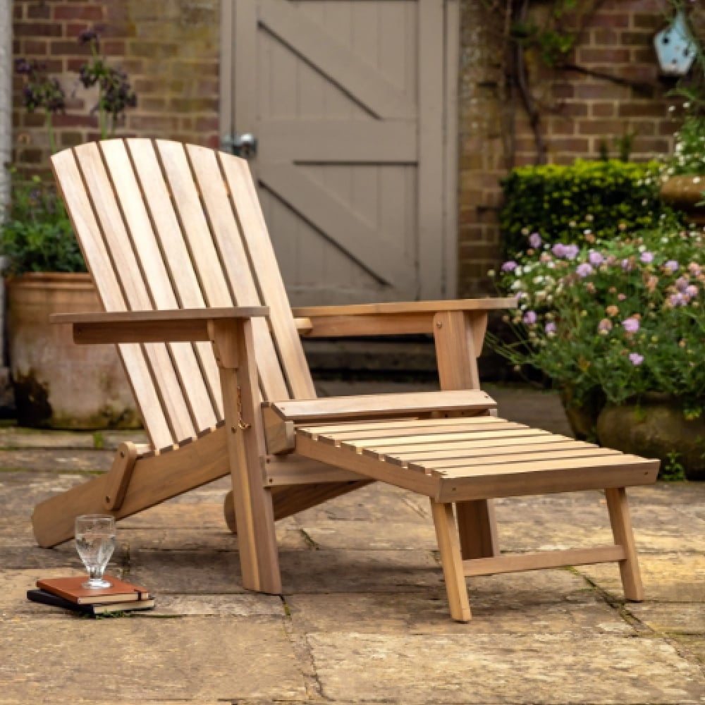 Abilene Outdoor Wooden Lounge Chair With Footstool In Natural
