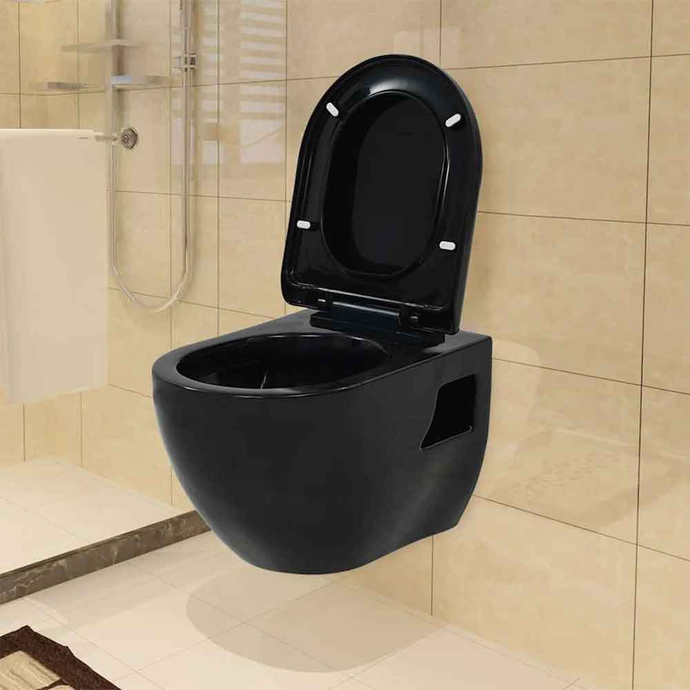 Abingdon Black Wall Hung Toilet Pack With White Flush Plate - Soft Close Seat