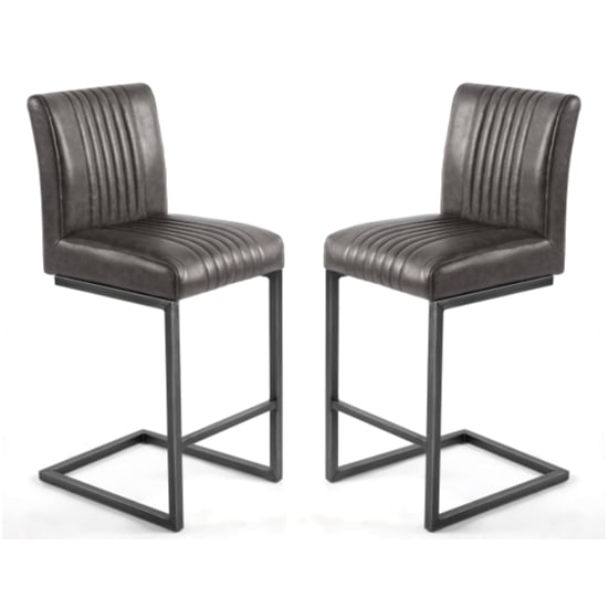 Aboba Grey Leather Bar Chairs With Metal Legs In Pair