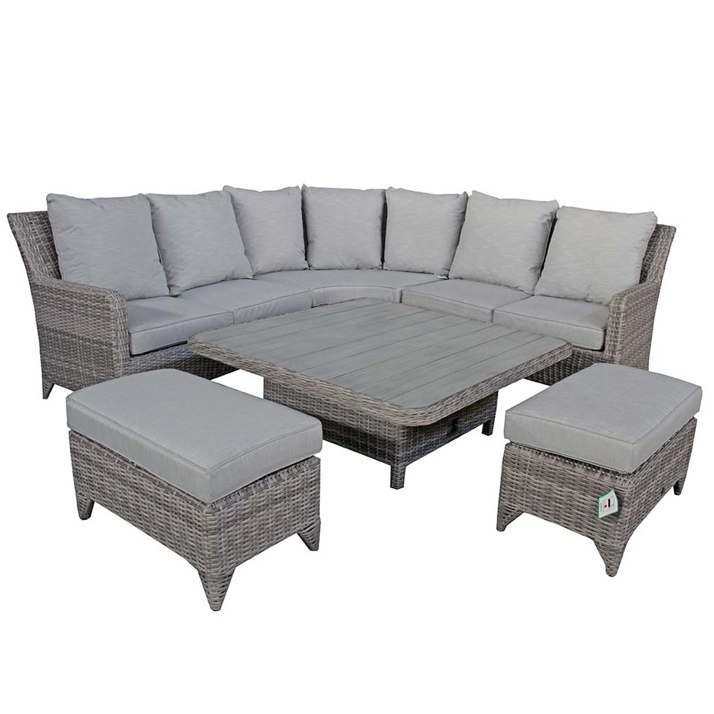 Aboba Rattan Garden Corner Dining Set With 2 Ottomans In Grey