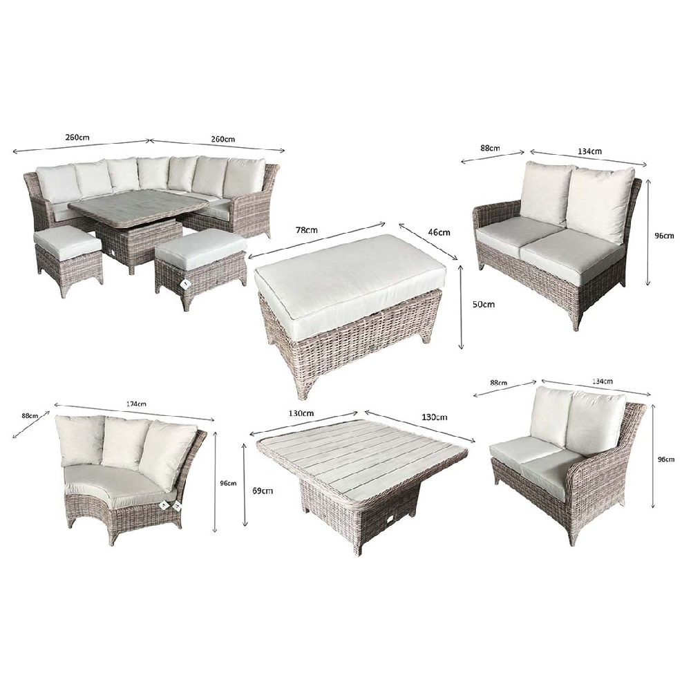 Aboba Rattan Garden Corner Dining Set With 2 Ottomans In Grey
