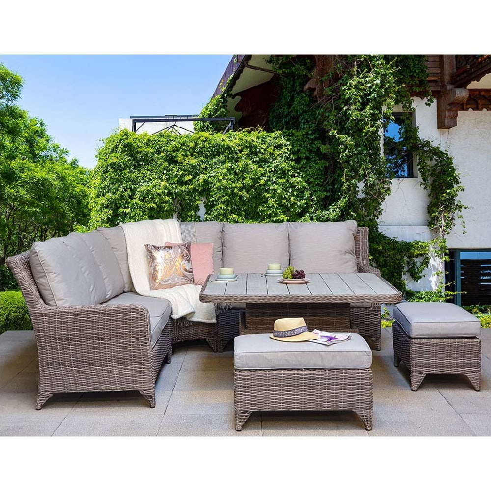 Aboba Rattan Garden Corner Dining Set With 2 Ottomans In Grey