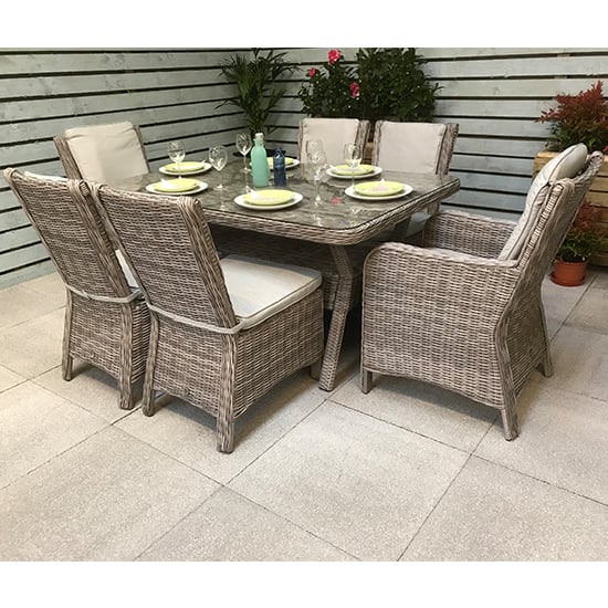 Product photograph of Abobo 150cm Glass Dining Table With 6 Armchairs In Fine Grey from Furniture in Fashion