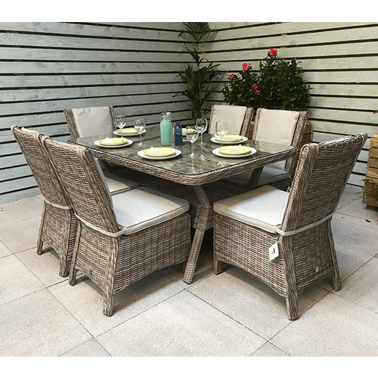 Product photograph of Abobo 150cm Glass Dining Table With 6 Armless Chairs In Grey from Furniture in Fashion