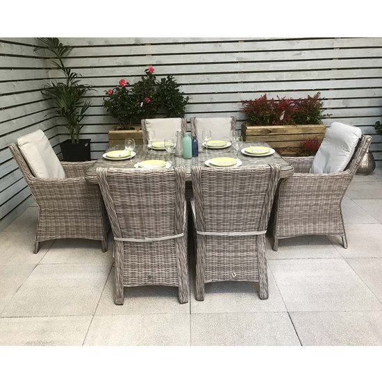 Abobo 150cm Glass Dining Table With 6 Dining Chairs In Grey