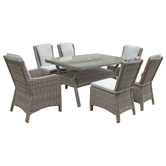 Abobo 150cm Glass Dining Table With 6 Dining Chairs In Grey