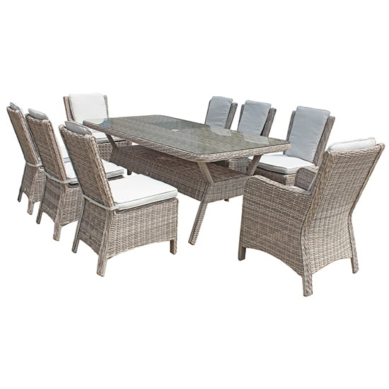 Product photograph of Abobo 200cm Glass Dining Table With 8 Armchairs In Fine Grey from Furniture in Fashion