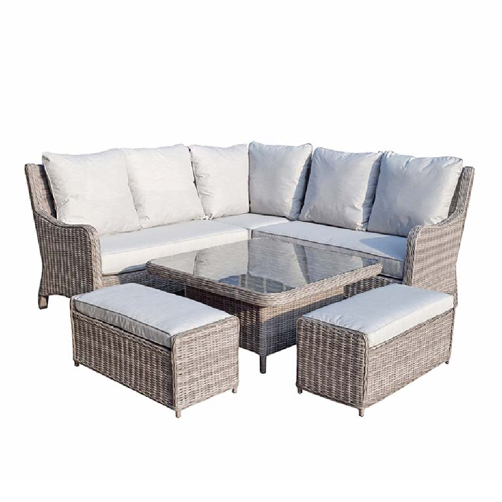 Abobo Glass Top Garden Corner Dining Set With 2 Ottomans In Grey