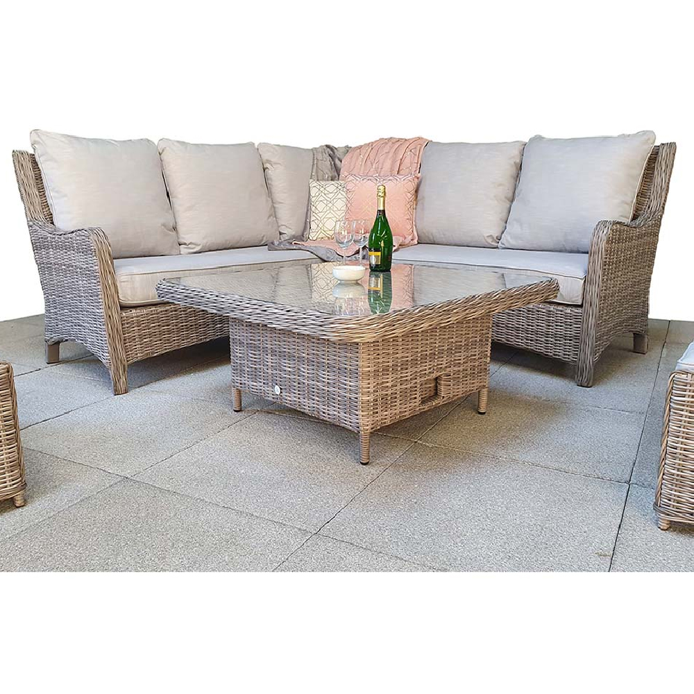Abobo Glass Top Garden Corner Dining Set With 2 Ottomans In Grey